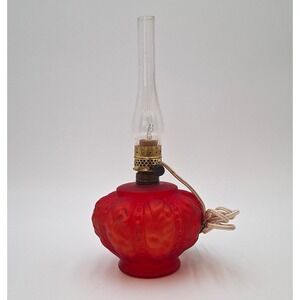 Vintage L.G. Wright Beaded Drape Red Satin Glass Mini Lamp Electrified 10.5"